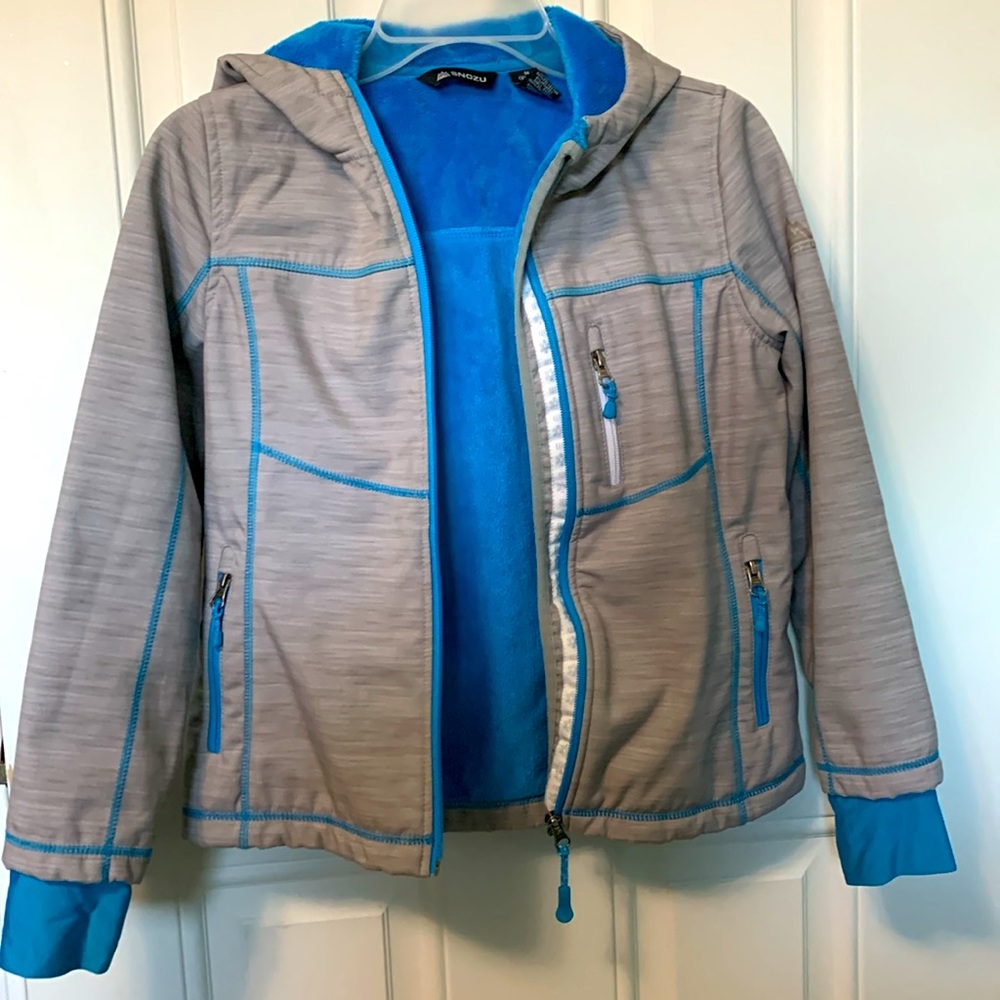 Snozu girl Sz M (10-12) Snow Hoodie faux fur lining grey turquoise
